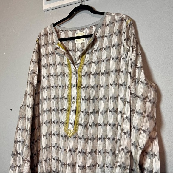 Sigrid Olsen Tunic Blouse Mini Dress Linen Size 1X Gray Tan Yellow Pattern - Picture 2 of 13